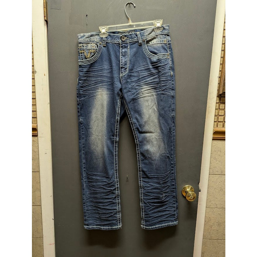 True Luck Men's 34x30 Bootcut Distressed Medium Wash Blue Jeans Y2K Grunge