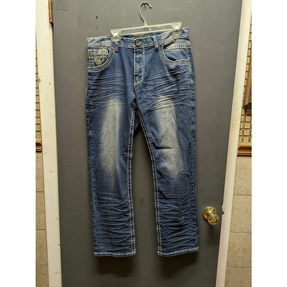 True Luck Men's 34x30 Bootcut Distressed Medium Wash Blue Jeans Y2K Grunge