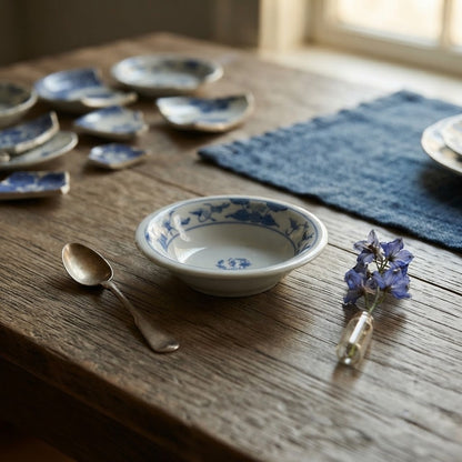 Vintage 4.5" Blue And White Porcelain Miniature Bowl Floral Trinket Dish Taiwan