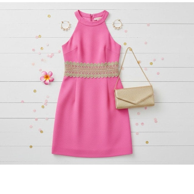 Lilly Pulitzer Pink Janice Shift Dress Gold Lace Waist Size 2 Preppy