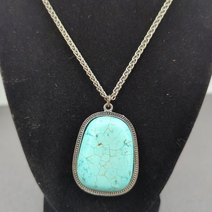 Vintage Fashion Large Faux Turquoise Slab Pendant SilverTone Rope Chain Necklace