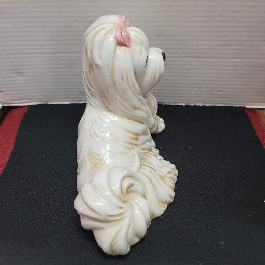 Vintage MCM Dog Italy Italian Lhasa Apso Figure Ceramic 9" x 7.5" Pink Bow CUTIE