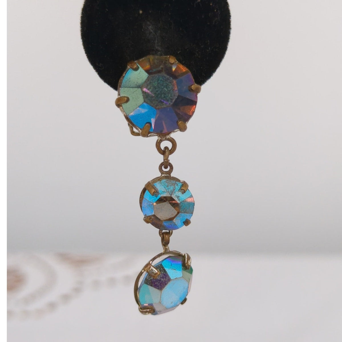 Vintage Aurora Borealis Crystal Drop Clip-On Earrings Retro Glamour