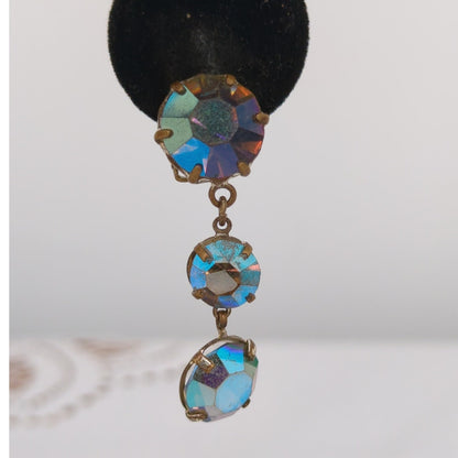 Vintage Aurora Borealis Crystal Drop Clip-On Earrings Retro Glamour