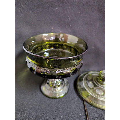 Vintage Indiana Glass Olive Green Kings Crown Thumbprint Covered Candy Dish
