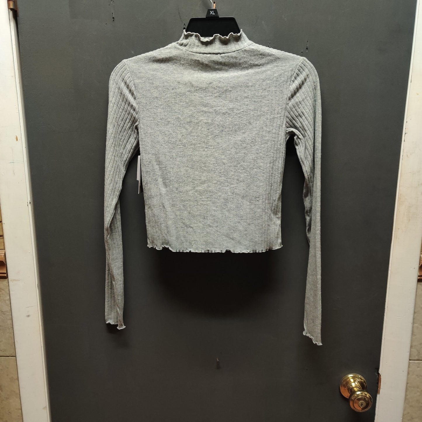 BP. Grey Ribbed Long Sleeve Mock Neck Top New Minimalist Casual Lettuce Hem