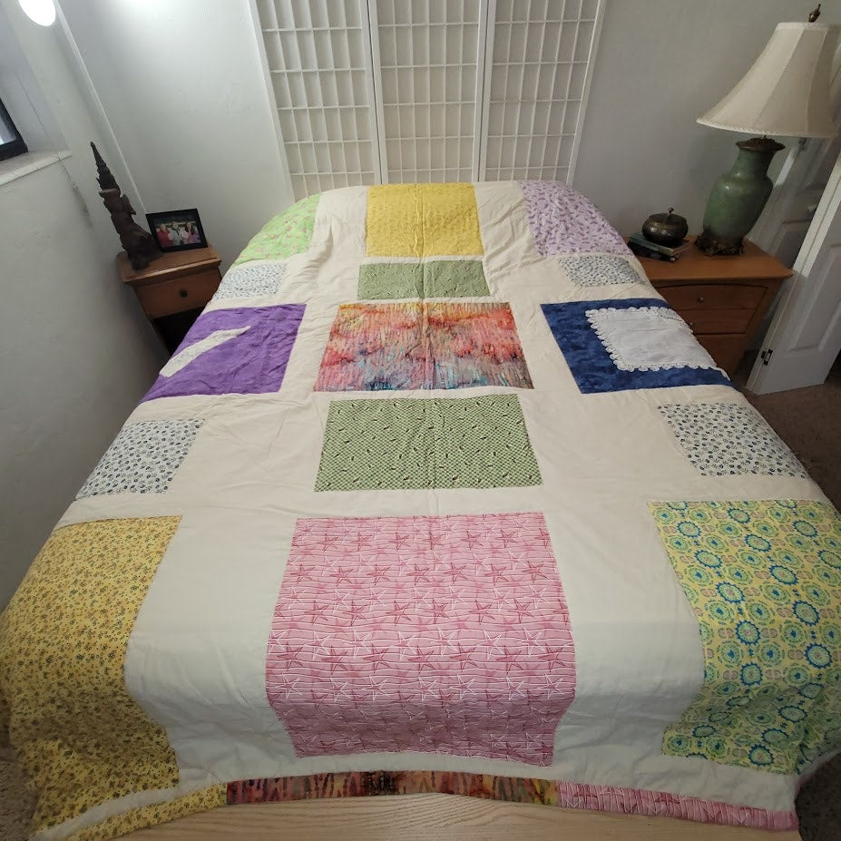Handmade Vintage Patchwork Square Block Quilt Retro Chic Boho Heirloom QUEEN