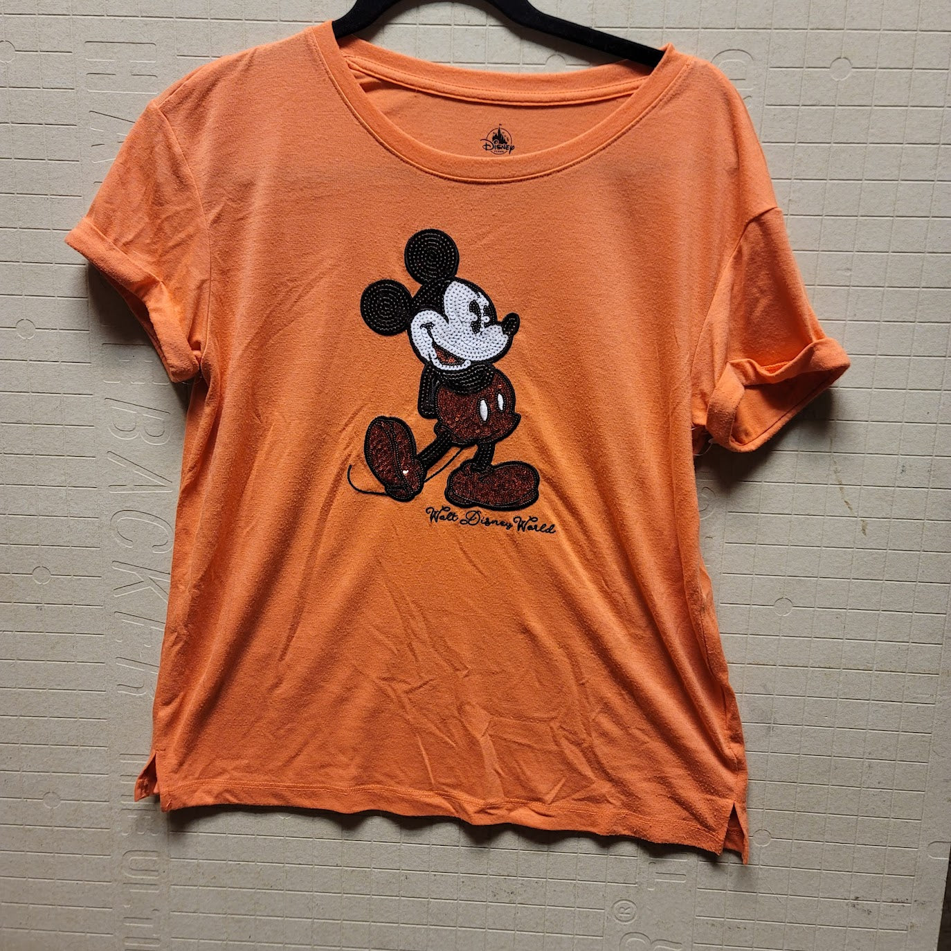 Disney Parks Size Medium Orange T-Shirt Rolled Short Sleeve Mickey Mouse PreOwn
