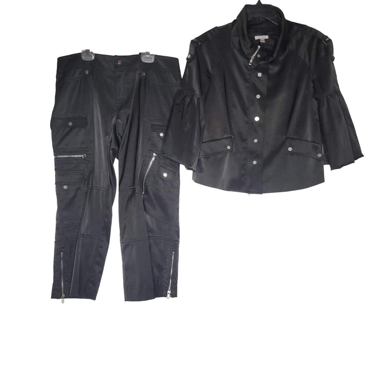 Cache 2pc Set Full Zip Cropped Jacket Flare Sleeves Black Medium Pants Multi zip