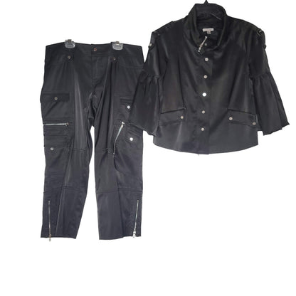 Cache 2pc Set Full Zip Cropped Jacket Flare Sleeves Black Medium Pants Multi zip