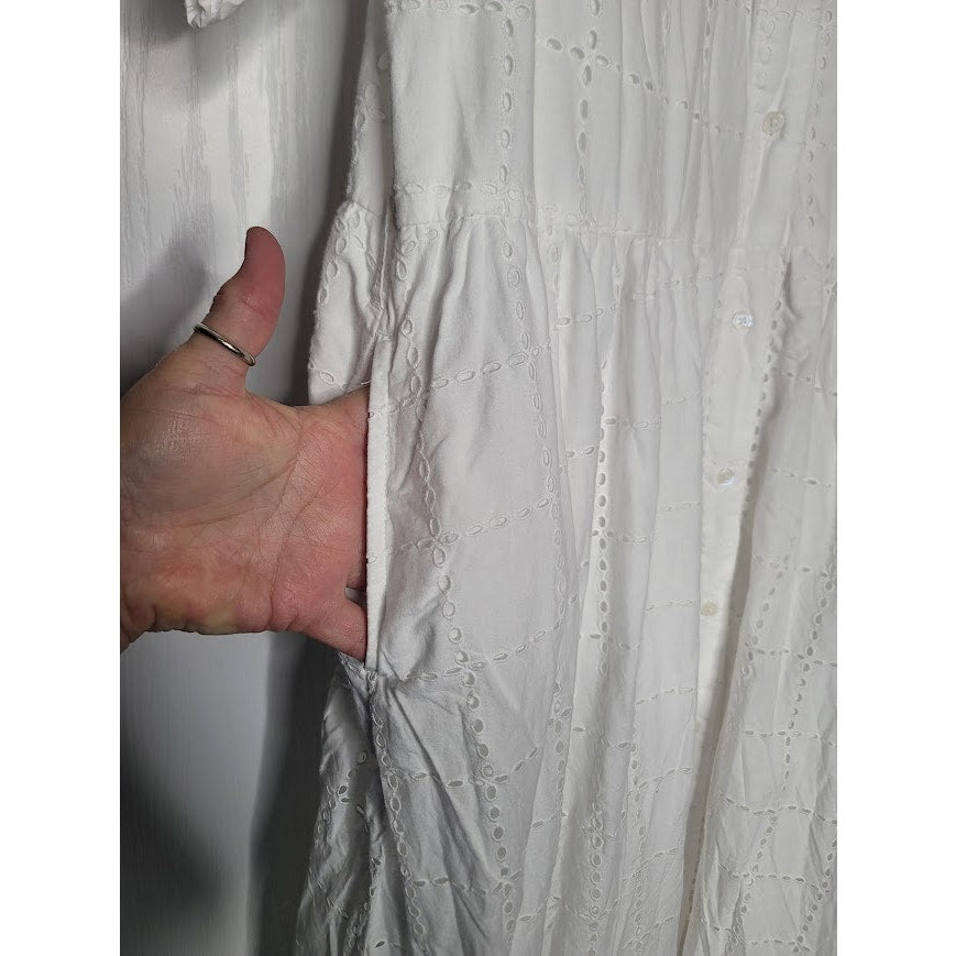 Crown & Ivy White eyelet button up Dress Midi Size XL Pockets flutter sleeve