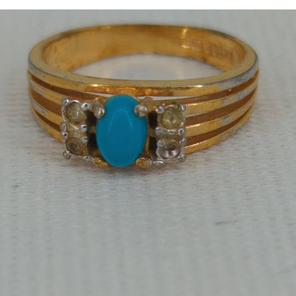 Vintage 14k Heavy Gold Electroplate Oval Turquoise & Diamond Accent Ring Size 7
