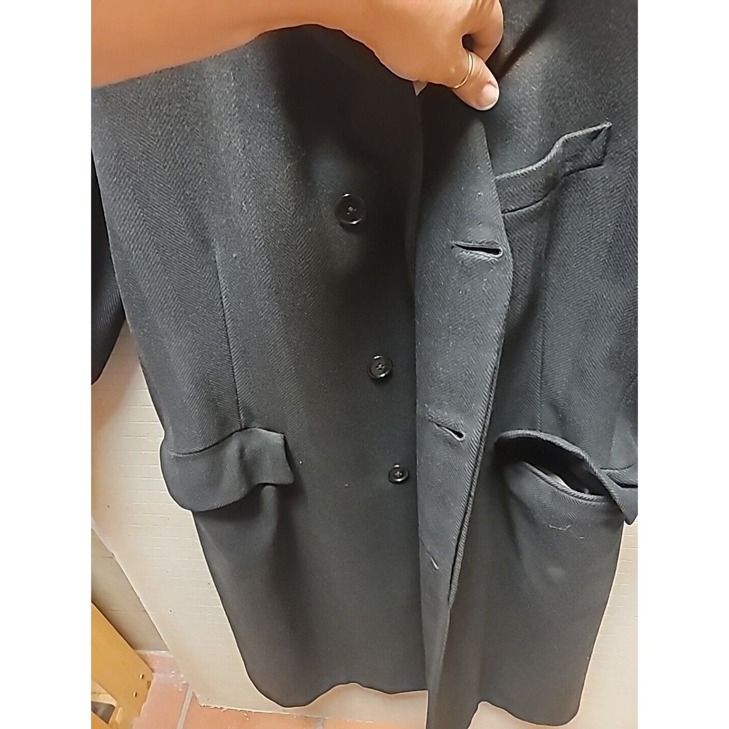 Vintage Abraham & Straus Wool BLEND Pea Coat Mens 39 LONG BLACK herringbone