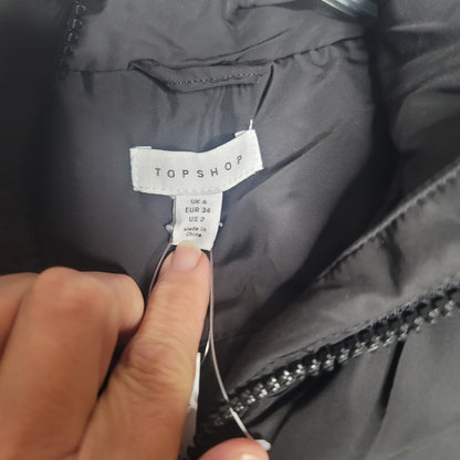 NWT Topshop Padded Puffer Jacket Womens Size 2 BLACK Full Zip Drawstring XS