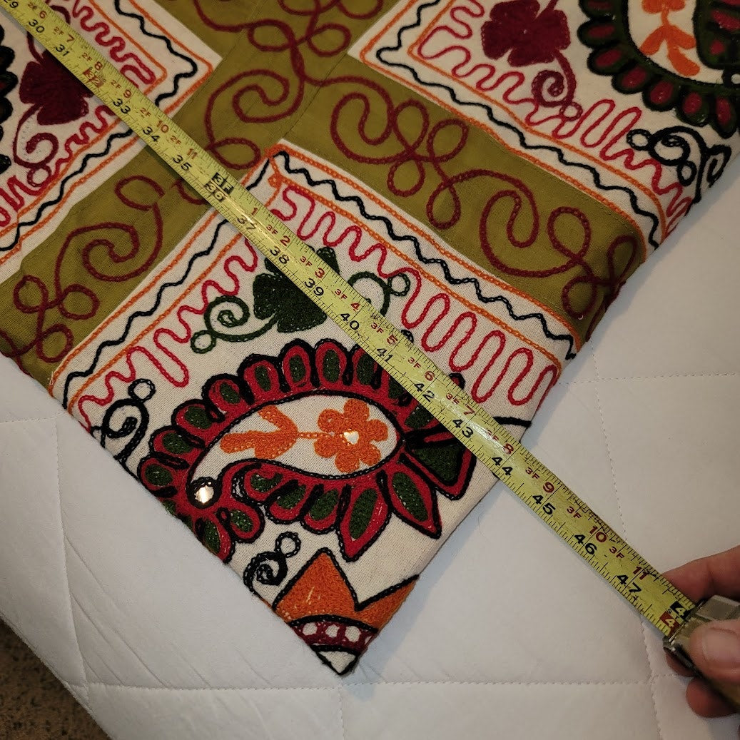Paisley Orange Green Cream Queen/Full Embroidered coverlet blanket 2 pillow sham