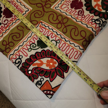 Paisley Orange Green Cream Queen/Full Embroidered coverlet blanket 2 pillow sham