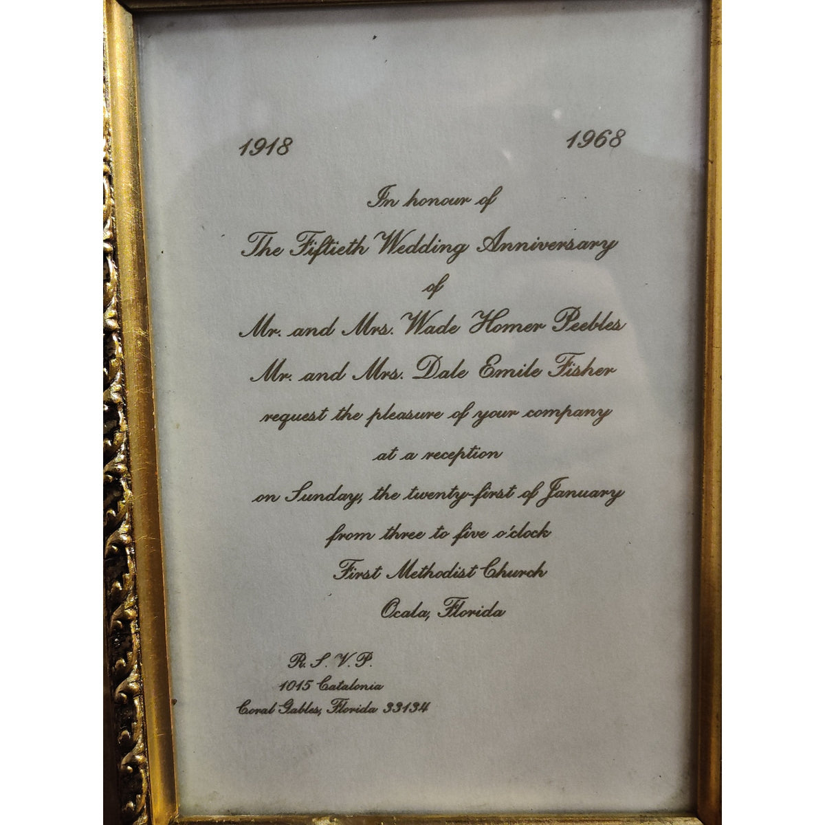 Vintage Ornate Gold Metal Picture Frame 1968 Fiftieth Anniversary Invitation