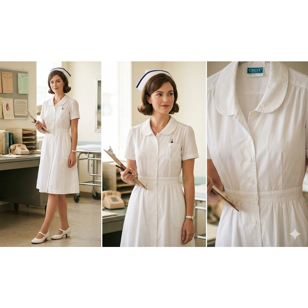 Crest Vintage White Cotton Blend Short Sleeve Nurse Uniform Dress 4 XS