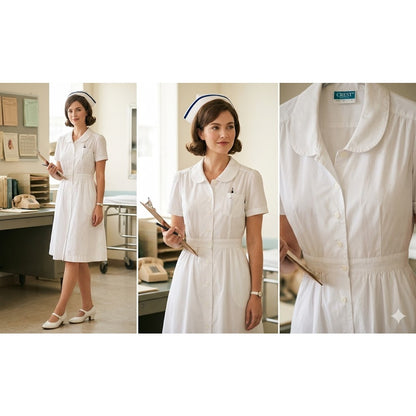 Crest Vintage White Cotton Blend Short Sleeve Nurse Uniform Dress 4 XS