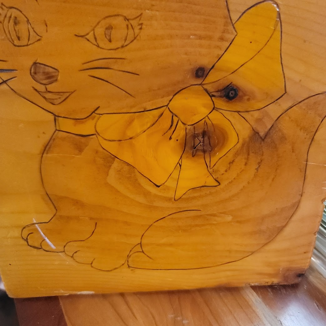Vintage Pyrography Wood Burning Cat Plaque Wall Art Kitsch Folk Art Etching