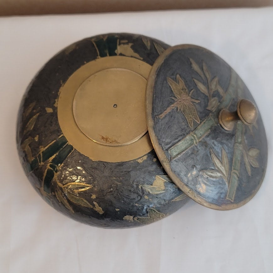 Vintage Jewelry Asian Bamboo Cloisonné Round Brass Trinket Lidded Powder Box