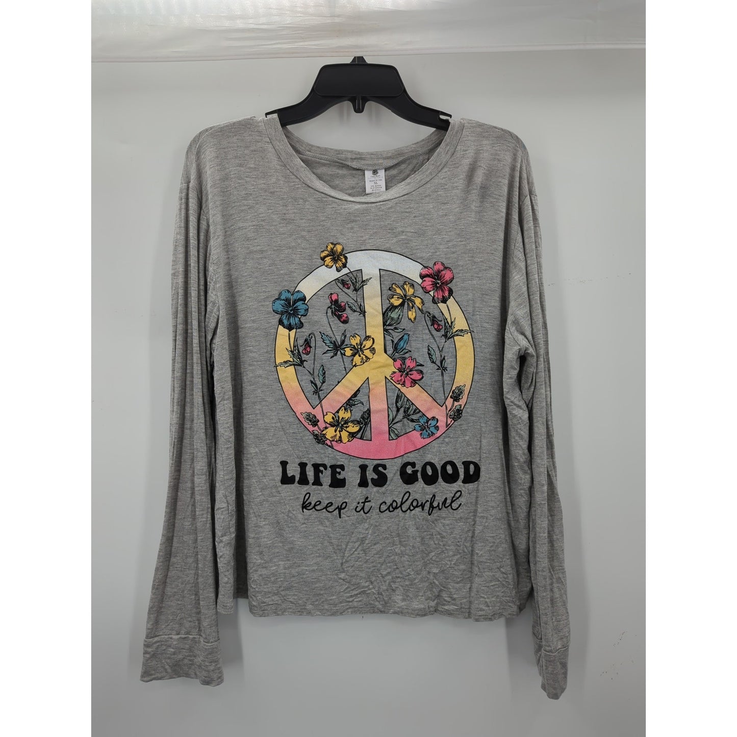 Life Is Good Gray Floral Peace Sign Long Sleeve Tulip Back Graphic Tee Shirt XL