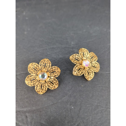 Vintage Gold Tone Filigree Floral AB Rhinestone Clip On Earrings Boho