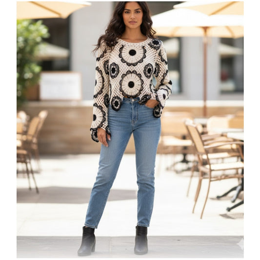 Knit Crocheted Sweater Modern Boho Size Medium NEW Two Tone Layering Bell Sleeve