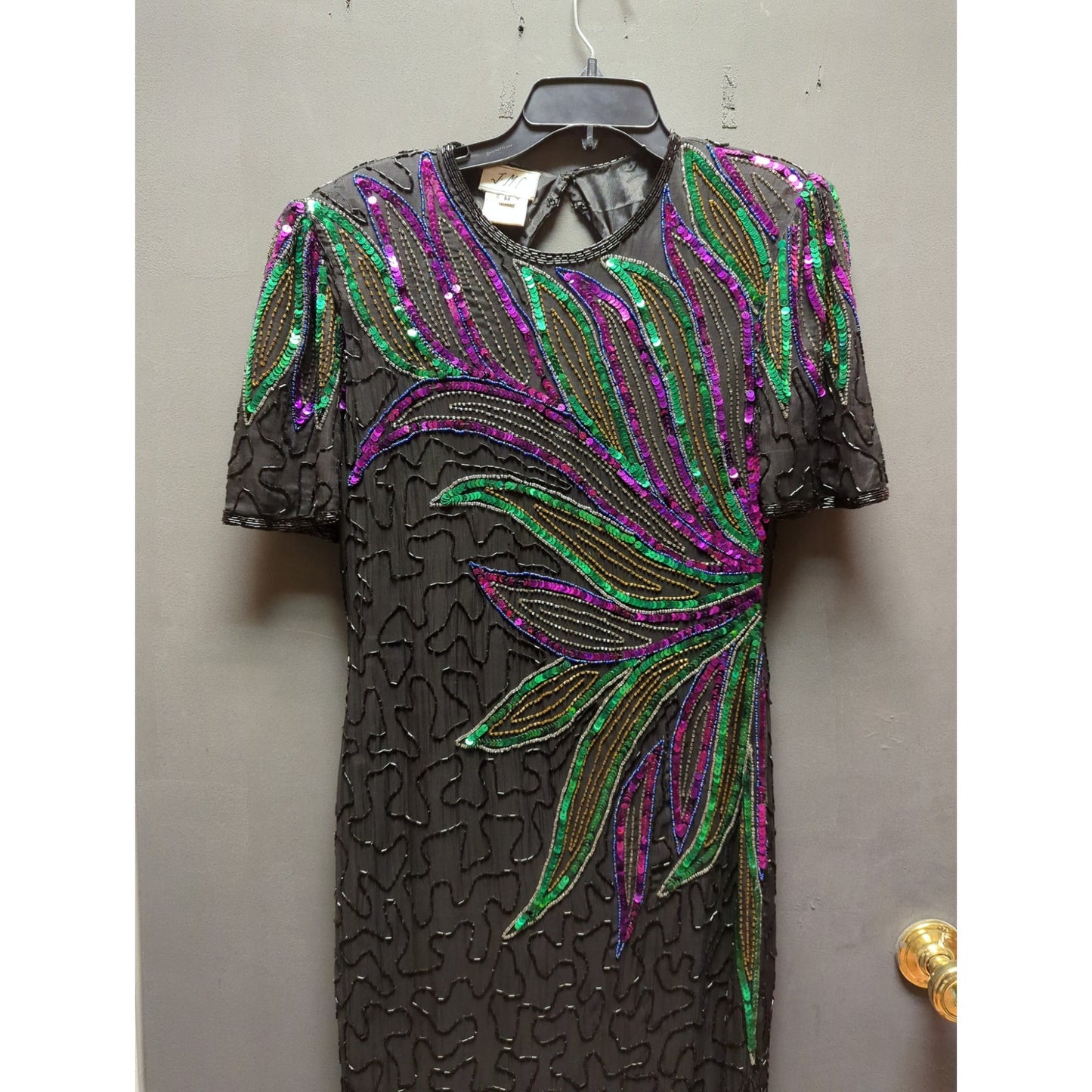 Vintage 1980 Sequin Silk Beaded cocktail Black dress green Design purple Medium