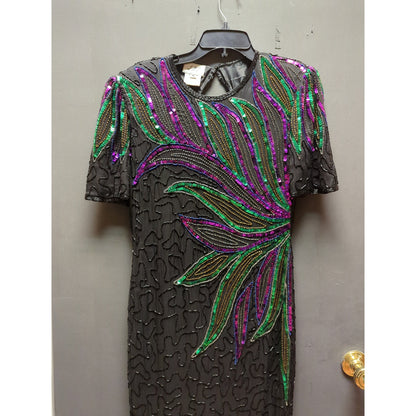 Vintage 1980 Sequin Silk Beaded cocktail Black dress green Design purple Medium