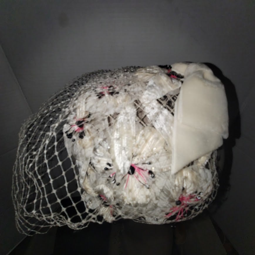 Vintage 1950s Cream Floral Birdcage Veil Pillbox Hat Sequins Rhinestones