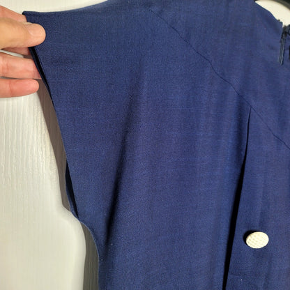 Vintage 80s linen Sheath dress Blue shoulder pads Large Pocket square cap sleeve