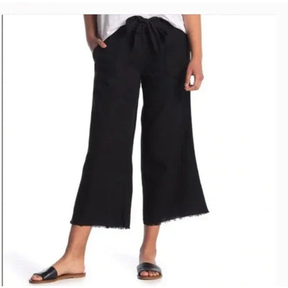 Caslon Linen Blend Black Cropped Pants with Raw Hem tie waist pockets NEW XS