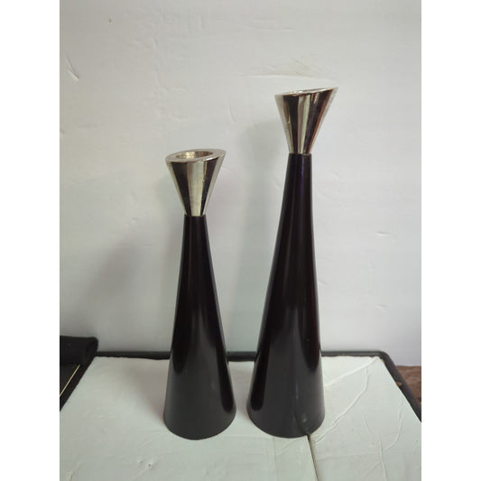 Pair metal black metal MCM candle holders brutalist style heavy staggered