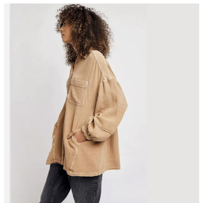Free People Anaheim Double Cloth Top Gauze Shirt Tunic Camel OVERSIZED S-L New