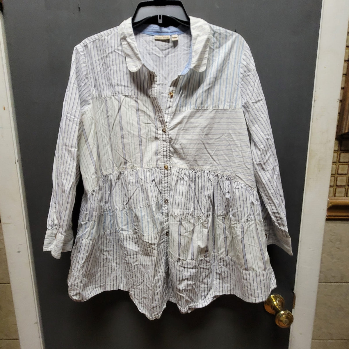 holding horses Size Large Blue white striped babydoll blouse top Anthropologie