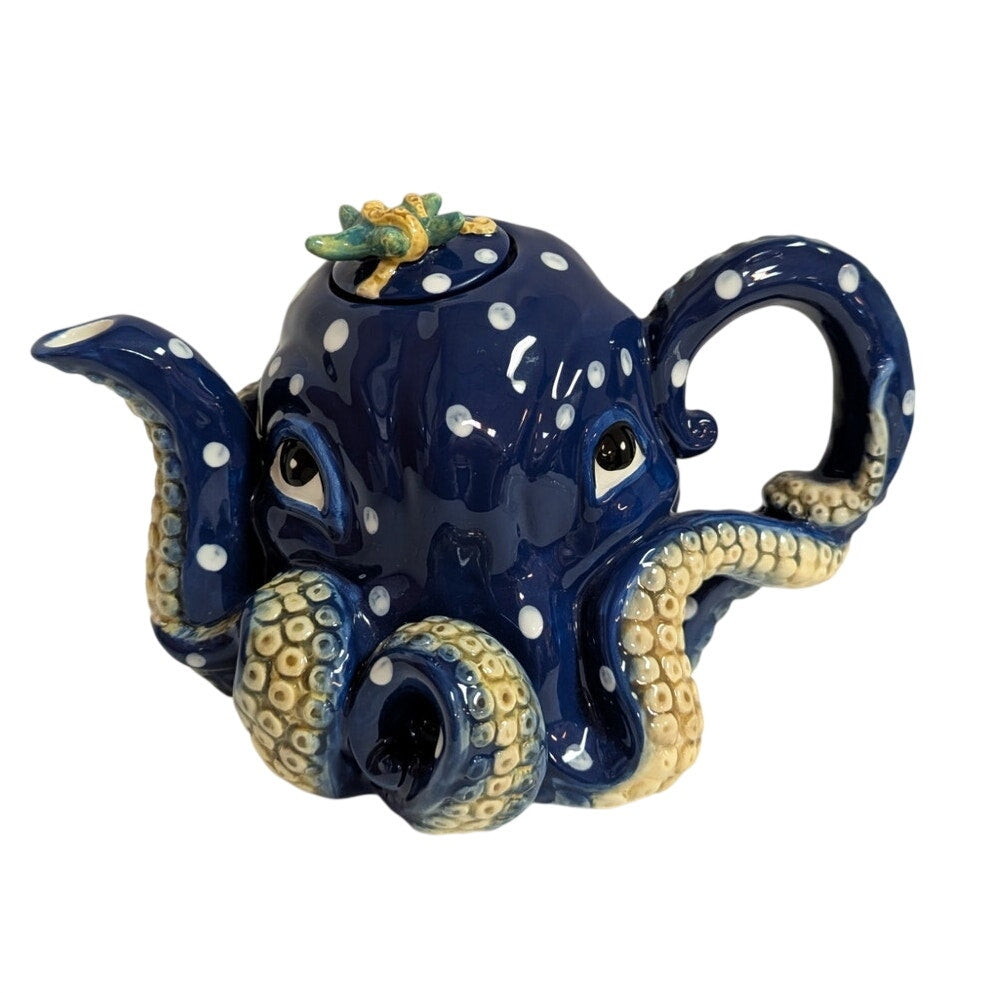 Blue Sky Claywork Blue Octopus Ceramic Teapot Polka Dot Nautical Coastal Novelty