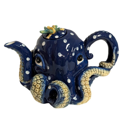Blue Sky Claywork Blue Octopus Ceramic Teapot Polka Dot Nautical Coastal Novelty