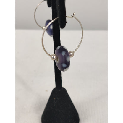 Vintage Purple Polka Dot Murano Style Art Glass Discs Hoop Earrings