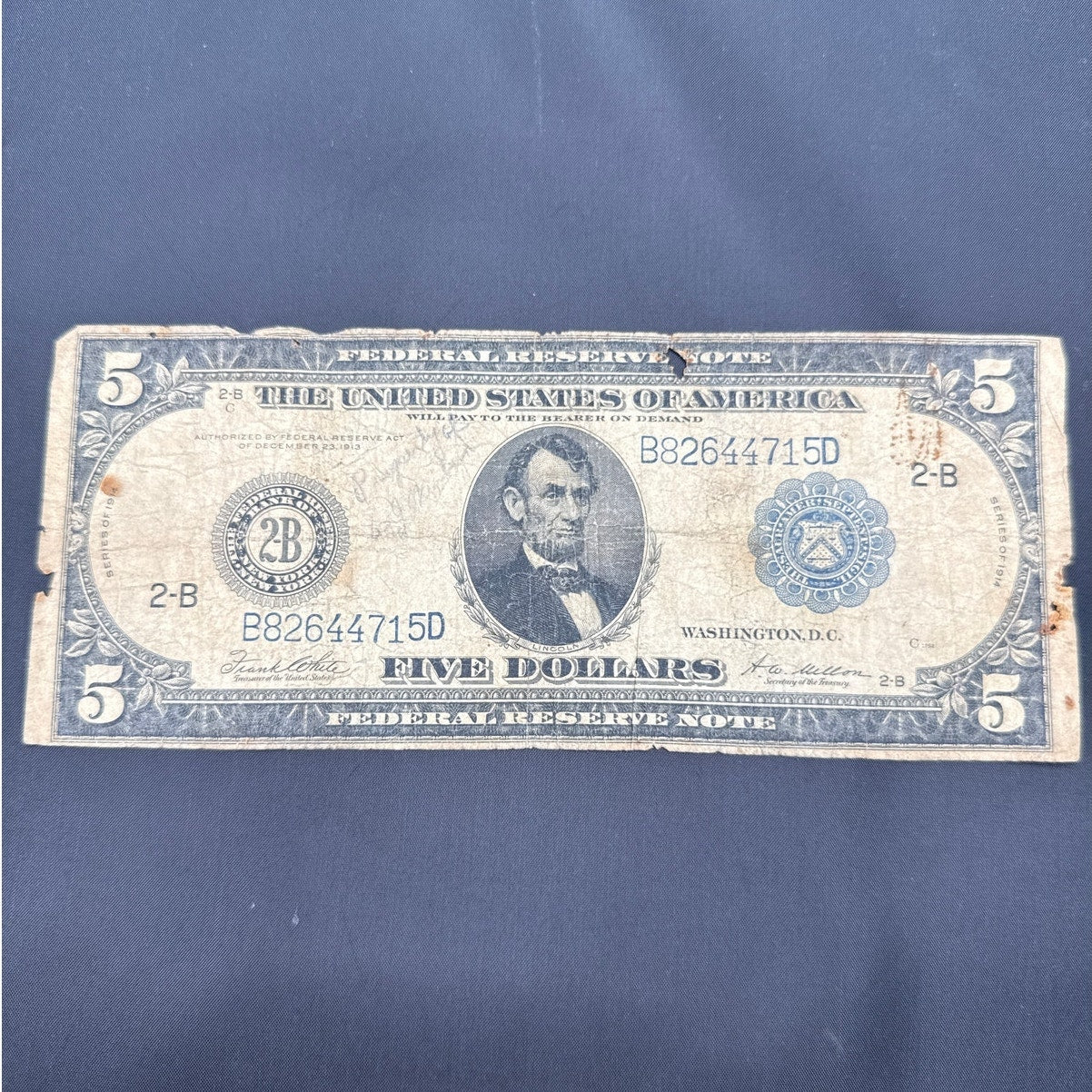 Vintage 1914 $5 Federal Reserve Note New York District 2-B Blue Seal Lincoln