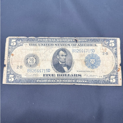 Vintage 1914 $5 Federal Reserve Note New York District 2-B Blue Seal Lincoln