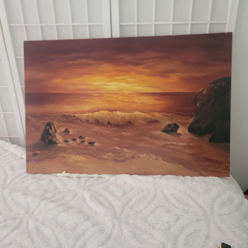 Vintage Mid-Century Sunset Seascape Oil Painting Canvas Signed by A. Eriksen