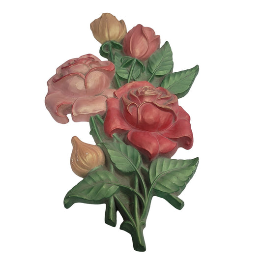 Vintage handpainted ceramic rose Bouquet wall decor 1980s flower floral redgreen
