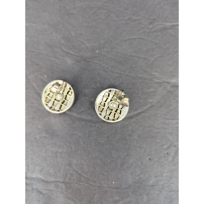 Vintage Gold Tone Textured Round Disc Clip On Earrings Retro Grid Modern 1980s