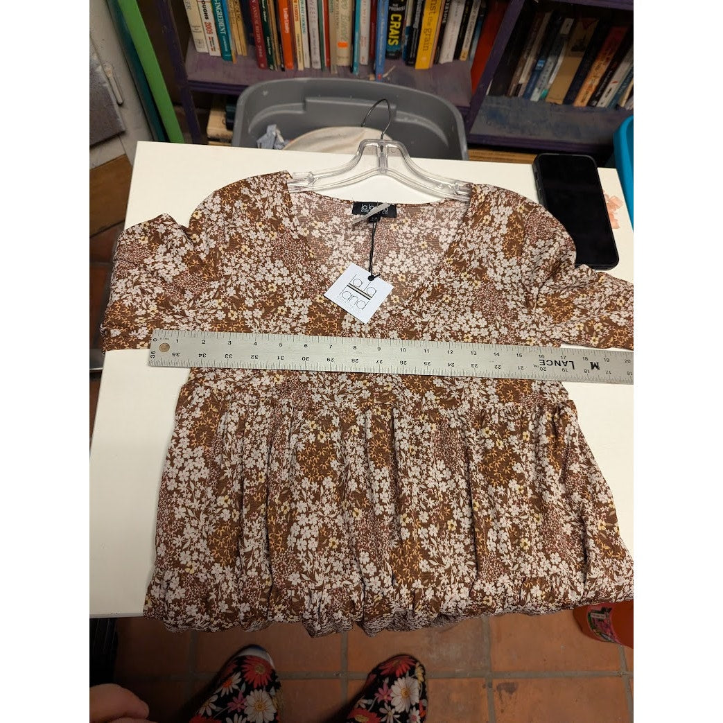La La La Creative boho fesitval size xs tunic brown yellow floral blouse