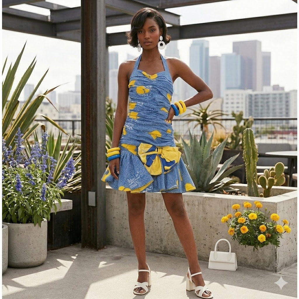 Vintage 80's 2 Pc. Jacket Halter Pleated Mini Dress Set Disco BEBOP Yellow/Blue