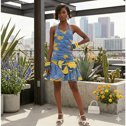 Vintage 80's 2 Pc. Jacket Halter Pleated Mini Dress Set Disco BEBOP Yellow/Blue