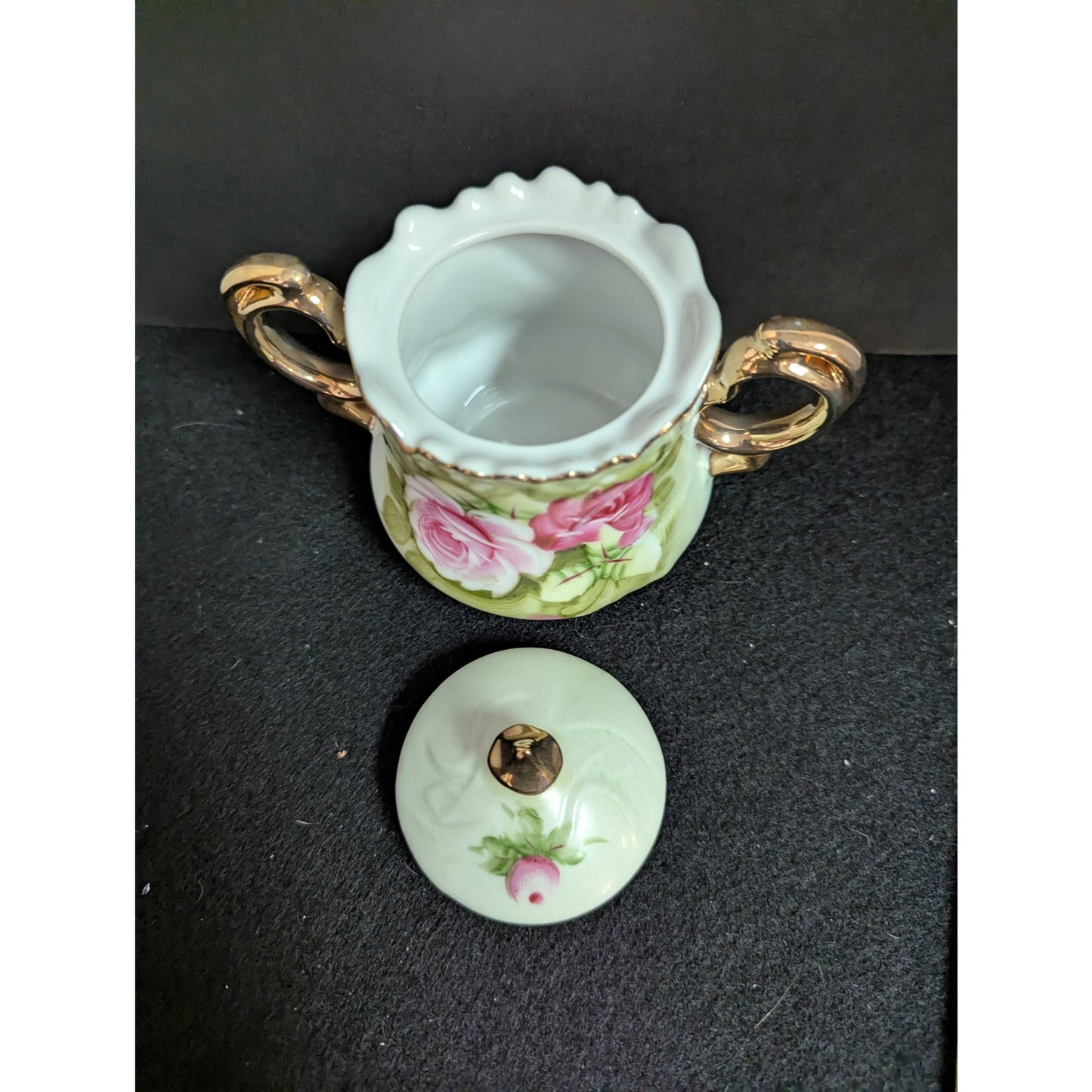 Vintage Lefton Green Rose Lidded Sugar Bowl Porcelain Gold Gilt 3066