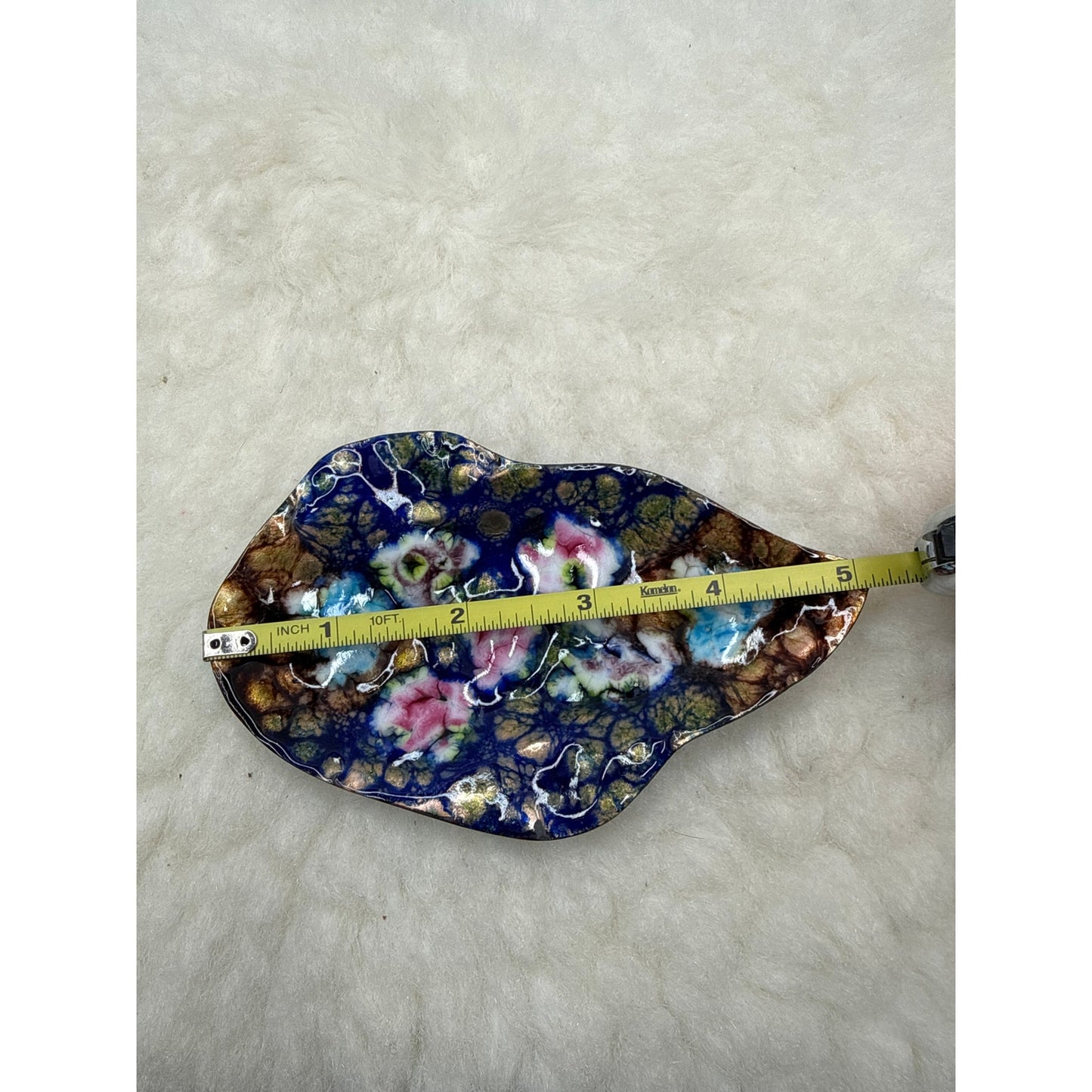 Vintage French Cobalt Blue Enamel Floral Trinket Dish Gold Leaf Accents