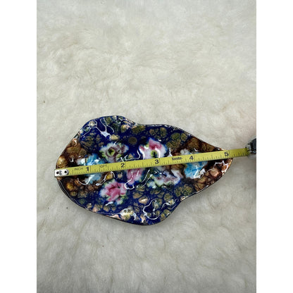 Vintage French Cobalt Blue Enamel Floral Trinket Dish Gold Leaf Accents